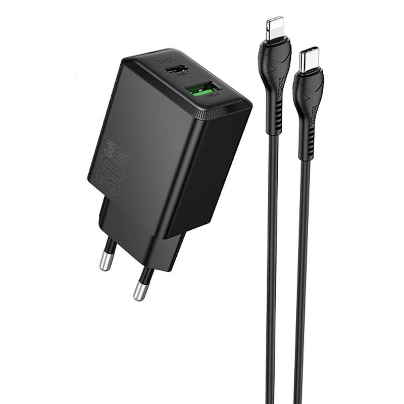 Мережевий зарядний пристрій Hoco N71 Nuevo PD 30W + QC 3.0 (1×USB-A / 1×USB-C) + кабель USB-C → Lightning