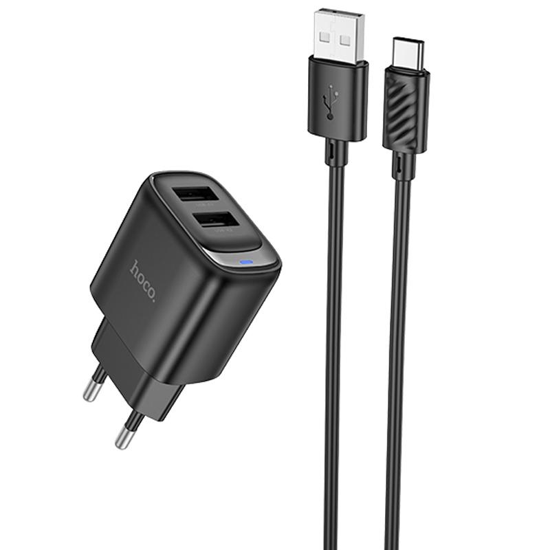Мережевий зарядний пристрій Hoco C141A Smart 2.1 А (2×USB-A) + кабель USB to USB-C