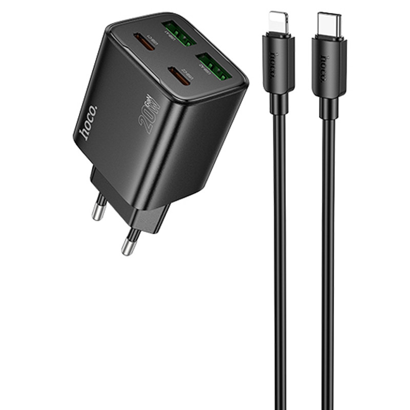 Мережевий зарядний пристрій Hoco N55 Fundador PD 20W + QC 3.0 (2×USB-A / 2×USB-C) + кабель USB-C → Lightning