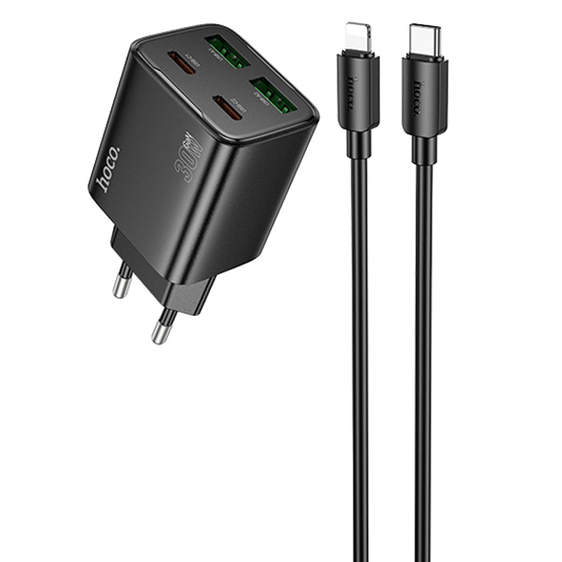 Мережевий зарядний пристрій Hoco N56 Fundador PD 30W + QC 3.0 (2×USB-A / 2×USB-C) + кабель USB-C → Lightning