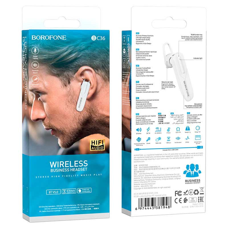 Bluetooth моно-гарнітура Borofone BC36 Lucky Білий