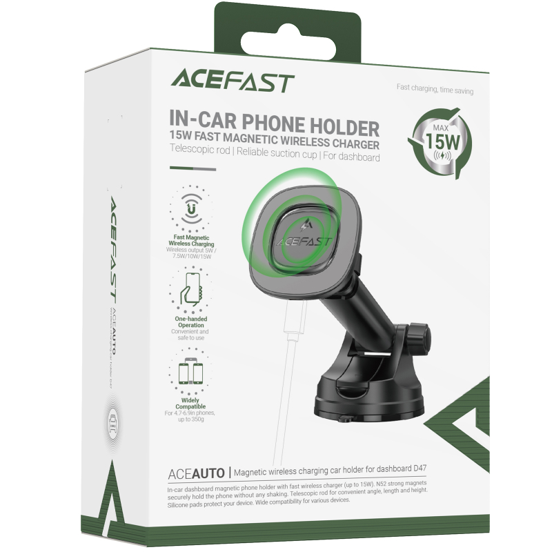 Автотримач з Бездротовий зарядний пристрій Acefast D47 Magnetic Charging 15W (center console) Black