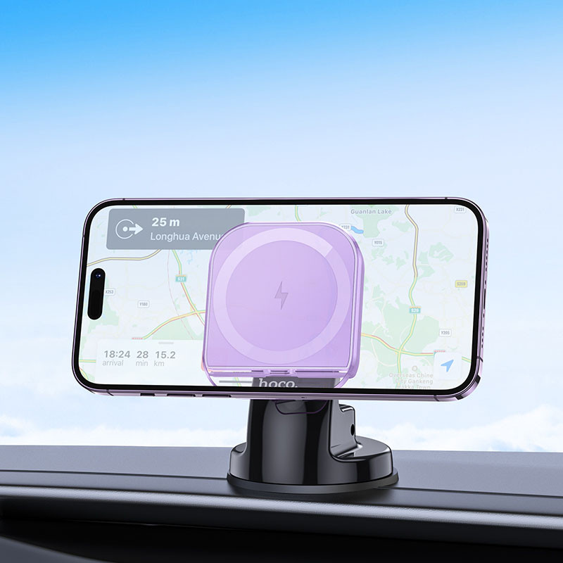 Автотримач з Бездротовий зарядний пристрій Hoco HW18 Crystal 15W (center console) Romantic purple