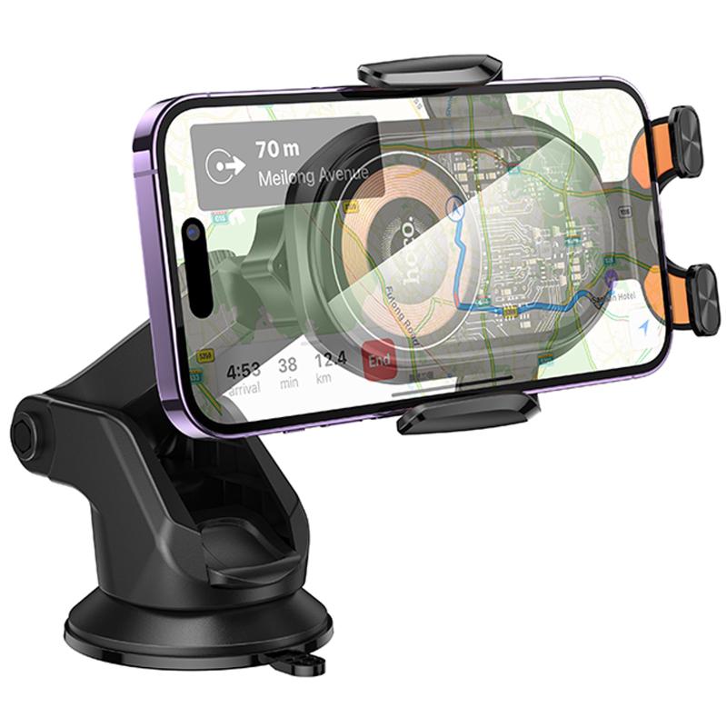 Автотримач з Бездротовий зарядний пристрій Hoco HW34 Blue whale 3-axis linkage wireless 15W (center console) Black