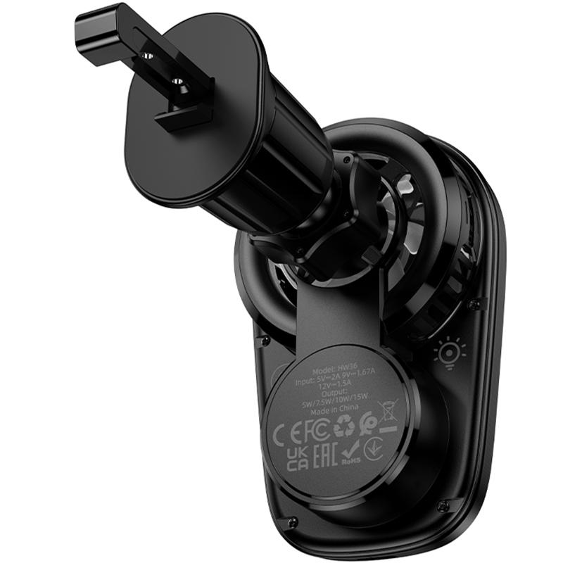 Автотримач з Бездротовий зарядний пристрій Hoco HW36 Electric 15W with cooler (air outlet) Black