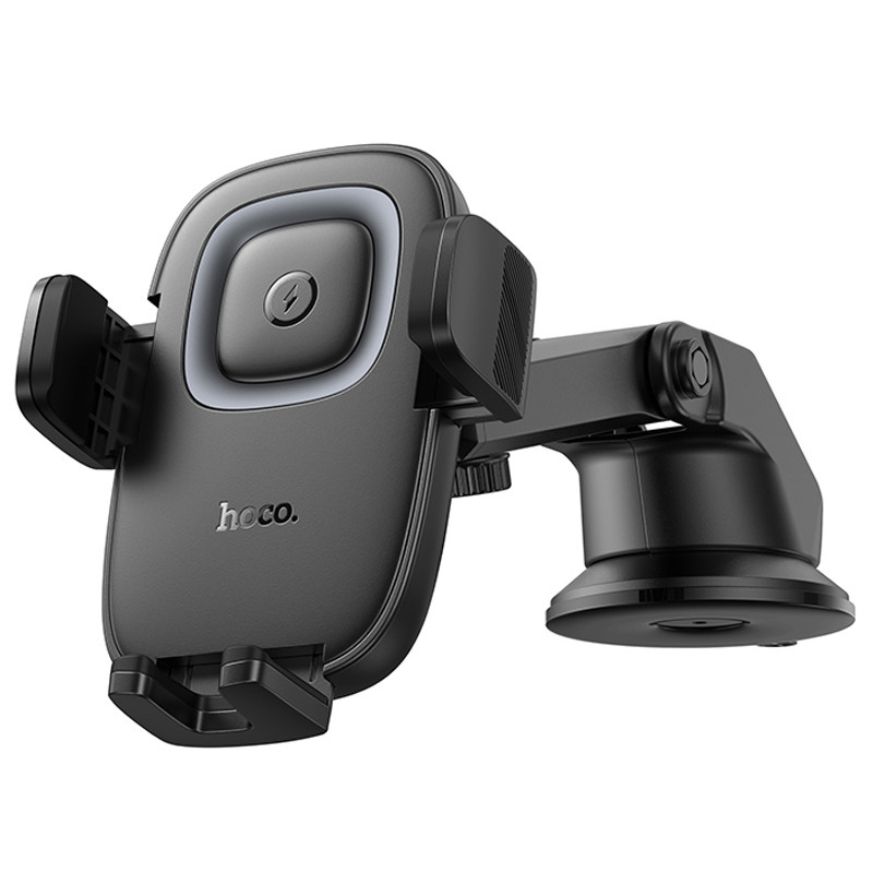 Автотримач з Бездротовий зарядний пристрій Hoco HW32 Crown push-type 15W (center console) Black / Metal gray
