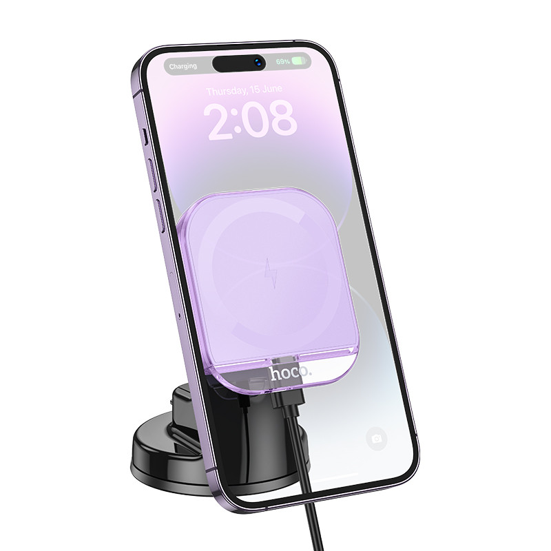 Автотримач з Бездротовий зарядний пристрій Hoco HW18 Crystal 15W (center console) Romantic purple