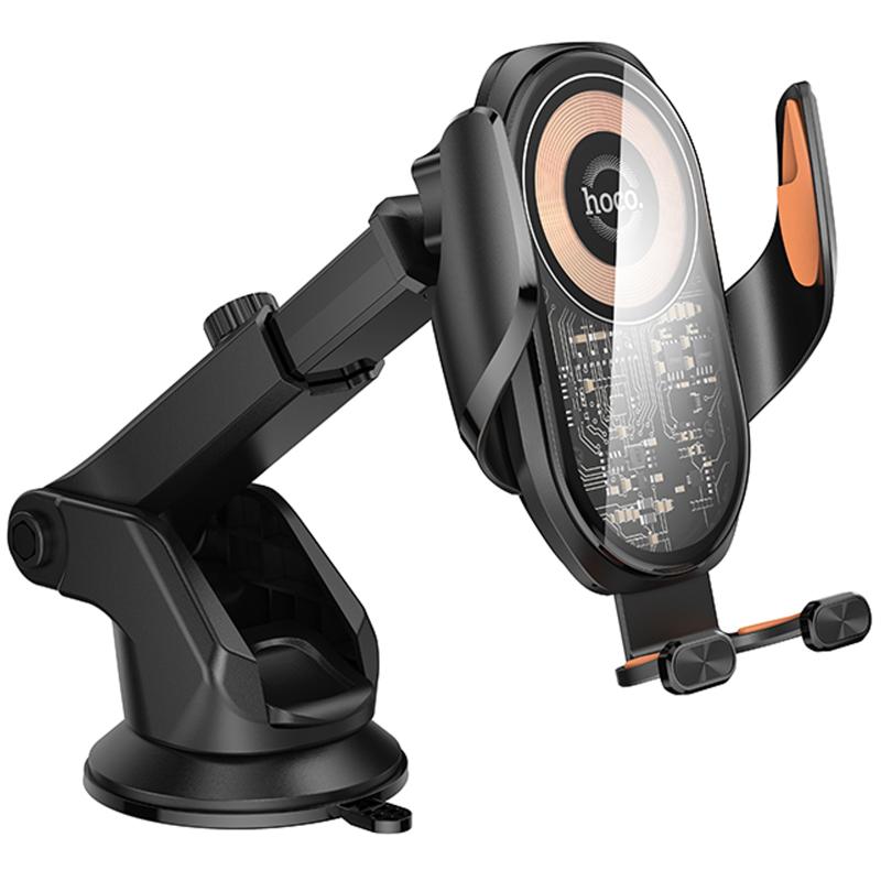 Автотримач з Бездротовий зарядний пристрій Hoco HW34 Blue whale 3-axis linkage wireless 15W (center console) Black