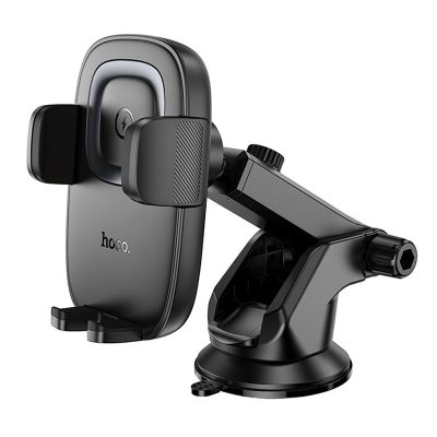 Автотримач з Бездротовий зарядний пристрій Hoco HW32 Crown push-type 15W (center console) Black / Metal gray
