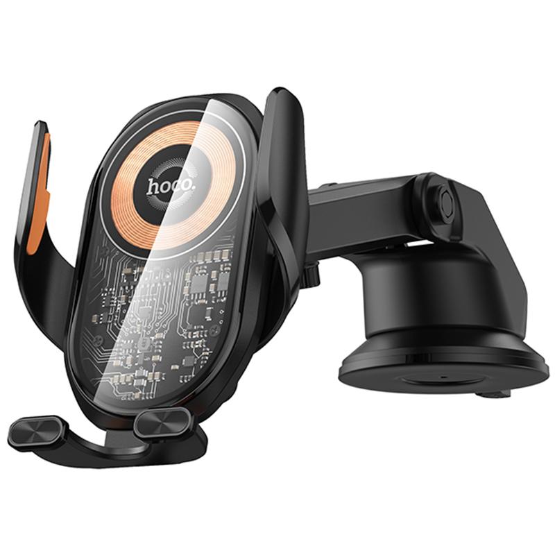 Автотримач з Бездротовий зарядний пристрій Hoco HW34 Blue whale 3-axis linkage wireless 15W (center console) Black