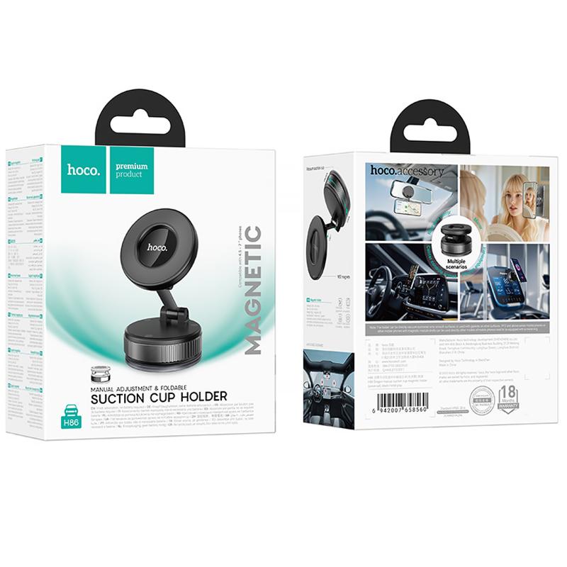 Автотримач Hoco H86 Dragon manual suction cup magnetic (universal) Black / Metal gray