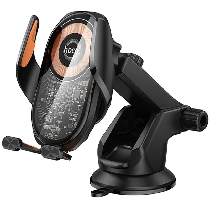 Автотримач з Бездротовий зарядний пристрій Hoco HW34 Blue whale 3-axis linkage wireless 15W (center console) Black