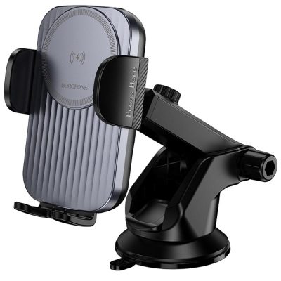 Автотримач з Бездротовий зарядний пристрій Borofone BH222 Leading 15W (center console) Black / Metal gray