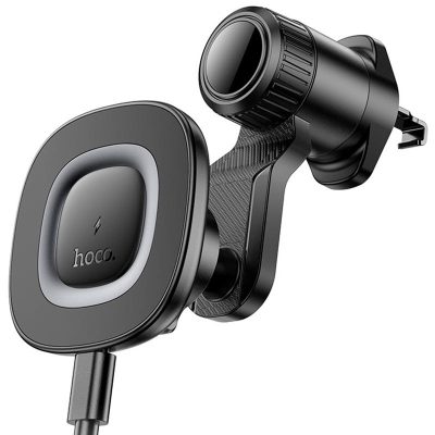 Автотримач з Бездротовий зарядний пристрій Hoco HW30 Crown magnetic 15W (air outlet) Black / Metal gray