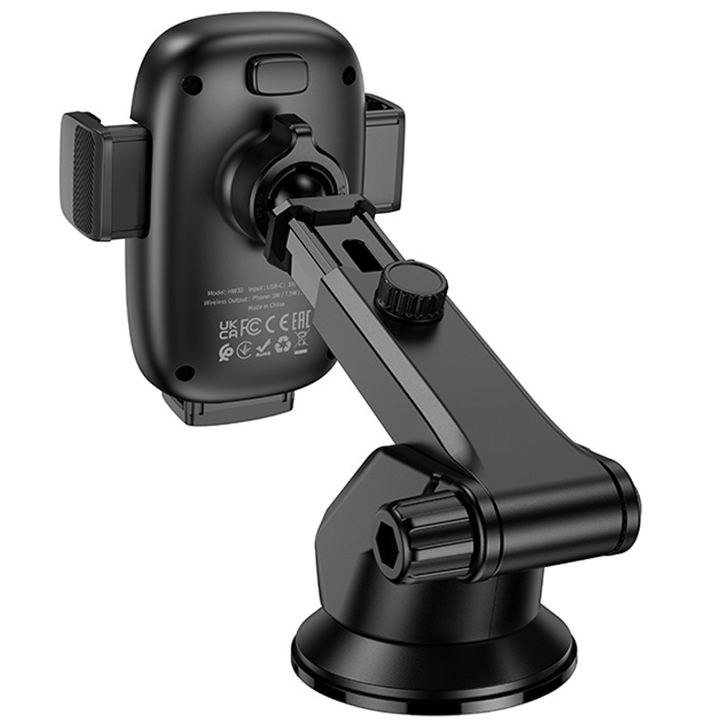 Автотримач з Бездротовий зарядний пристрій Hoco HW32 Crown push-type 15W (center console) Black / Metal gray