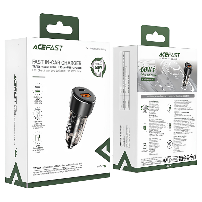 Автомобільний зарядний пристрій Acefast B12 PD 30W + QC 3.0 total 60W (1×USB-A / 1×USB-C) Black