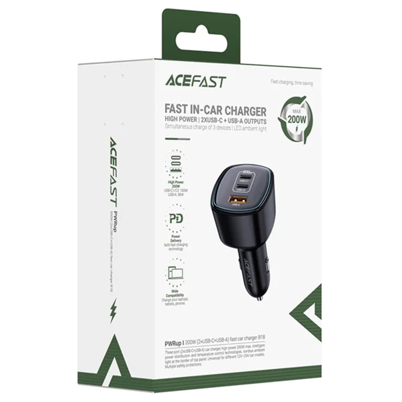 Автомобільний зарядний пристрій Acefast B18 PD 100W + QC 3.0 total 200W (1×USB-A / 2×USB-C) Black