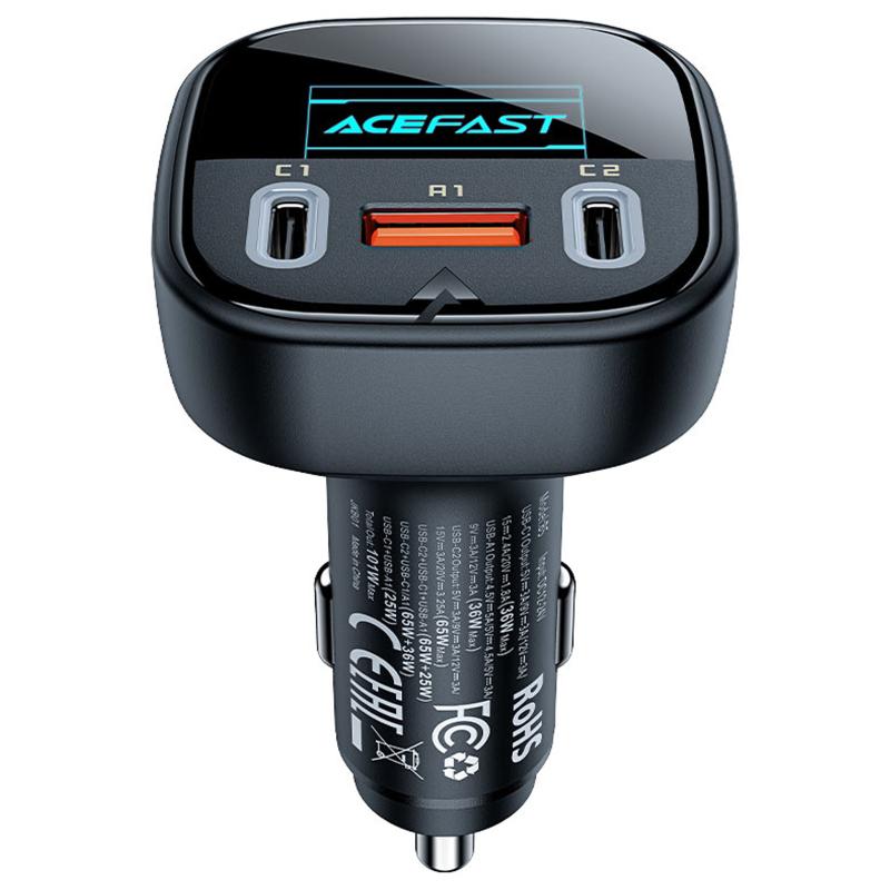 Автомобільний зарядний пристрій Acefast B5 PD 36W + QC 4.0 total 101W (1×USB-A / 2×USB-C) Black