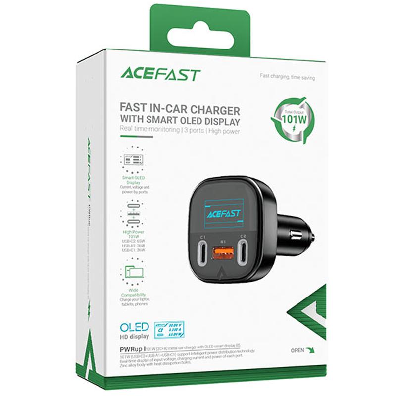 Автомобільний зарядний пристрій Acefast B5 PD 36W + QC 4.0 total 101W (1×USB-A / 2×USB-C) Black