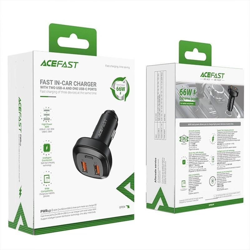 Автомобільний зарядний пристрій Acefast B9 PD 36W + QC 4.0 total 66W (2×USB-A / 1×USB-C) Black