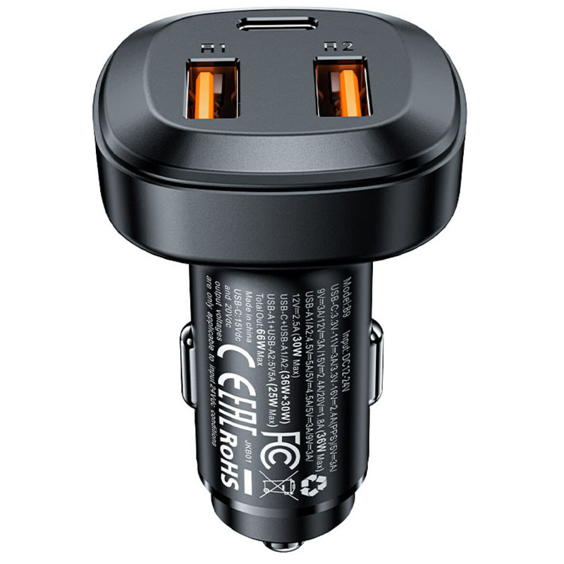 Автомобільний зарядний пристрій Acefast B9 PD 36W + QC 4.0 total 66W (2×USB-A / 1×USB-C) Black