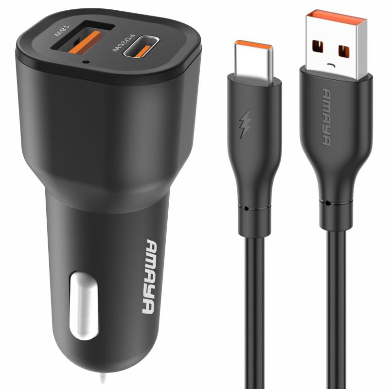 Автомобільний зарядний пристрій Amaya ACC-06 PD 30W + QC 3.0 total 48W (1×USB-A / 1×USB-C) + кабель USB to USB-C Black