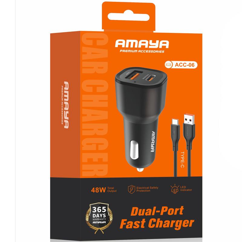 Автомобільний зарядний пристрій Amaya ACC-06 PD 30W + QC 3.0 total 48W (1×USB-A / 1×USB-C) + кабель USB to USB-C Black