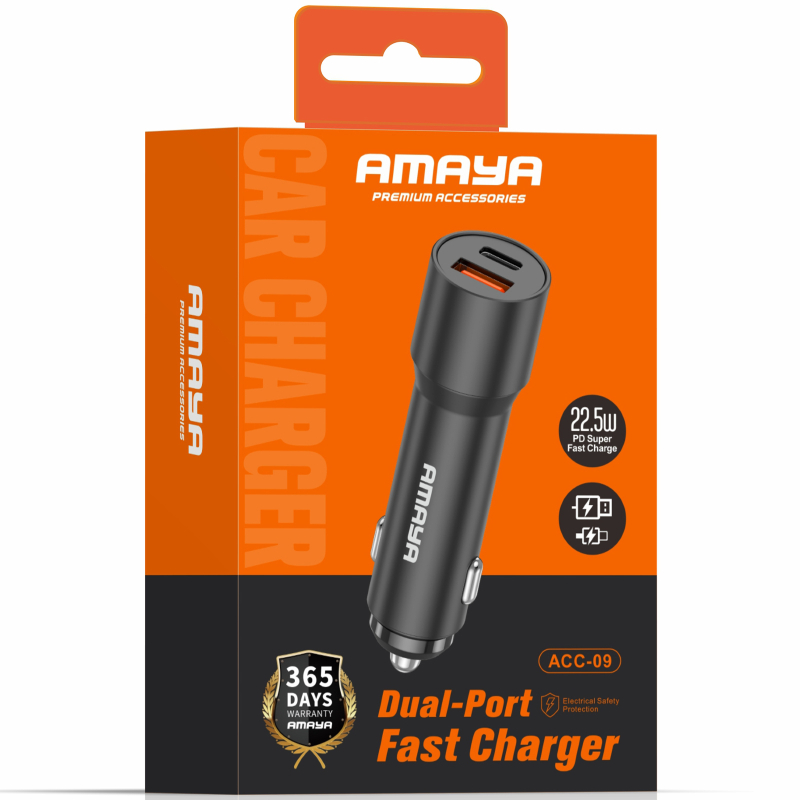 Автомобільний зарядний пристрій Amaya ACC-09 PD22.5W + QC 3.0 total 40.5W (1×USB-A / 1×USB-C) Black
