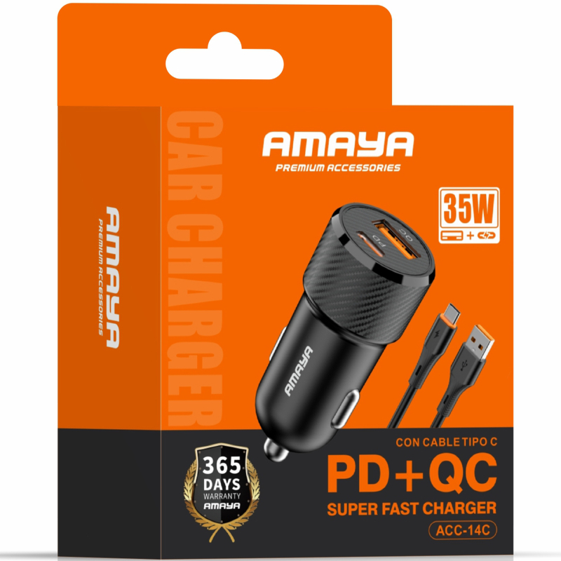 Автомобільний зарядний пристрій Amaya ACC-14C PD 15W + QC 3.0 total 35W (1×USB-A / 1×USB-C) + кабель USB to USB-C Black