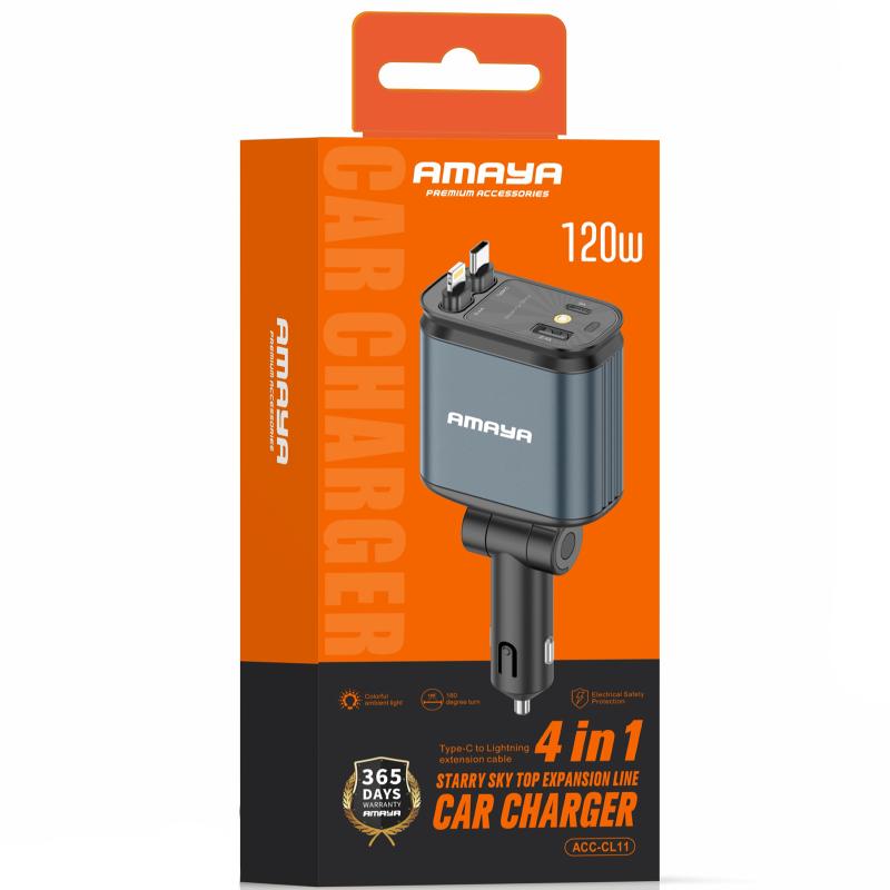 Автомобільний зарядний пристрій Amaya ACC-CL11 PD57.5W + QC 3.0 (1×USB-A / 1×USB-C) with retractable cable USB-C + Lightning Gray