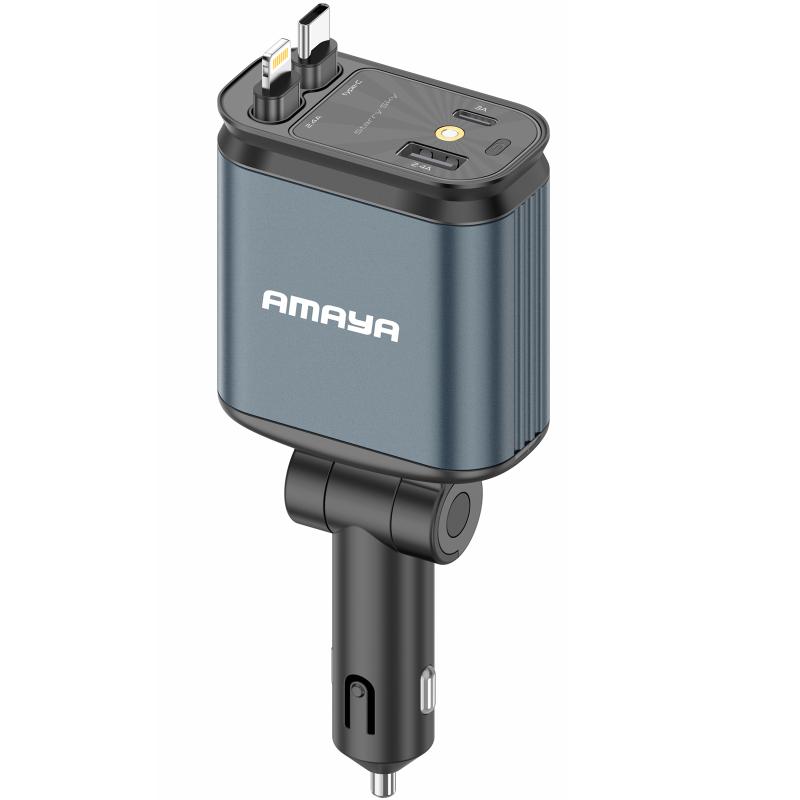 Автомобільний зарядний пристрій Amaya ACC-CL11 PD57.5W + QC 3.0 (1×USB-A / 1×USB-C) with retractable cable USB-C + Lightning Gray
