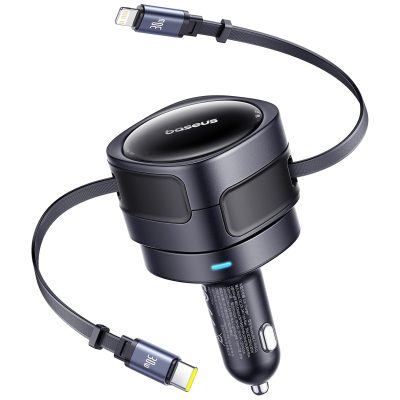 Автомобільний зарядний пристрій Baseus Enjoyment Max PD 60W with retractable cables (1×USB-C/1L) (C00035507121) Cosmic Black