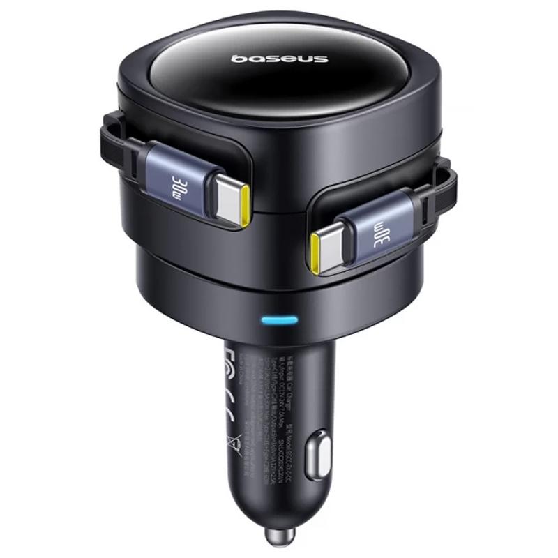 Автомобільний зарядний пристрій Baseus Enjoyment Max PD 60W with retractable cable (2×USB-C) (C00035507121) Cosmic Black