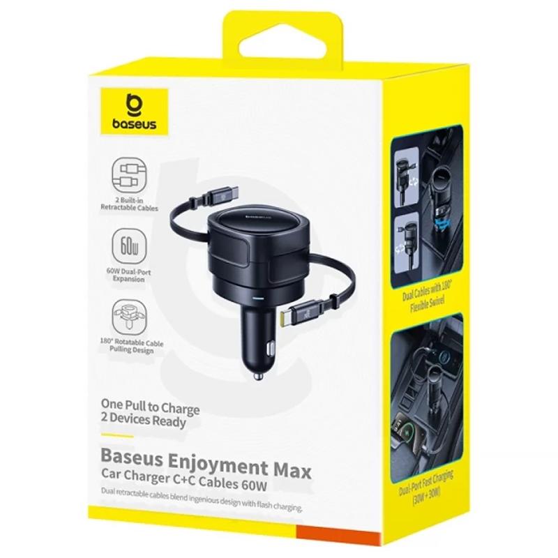 Автомобільний зарядний пристрій Baseus Enjoyment Max PD 60W with retractable cable (2×USB-C) (C00035507121) Cosmic Black