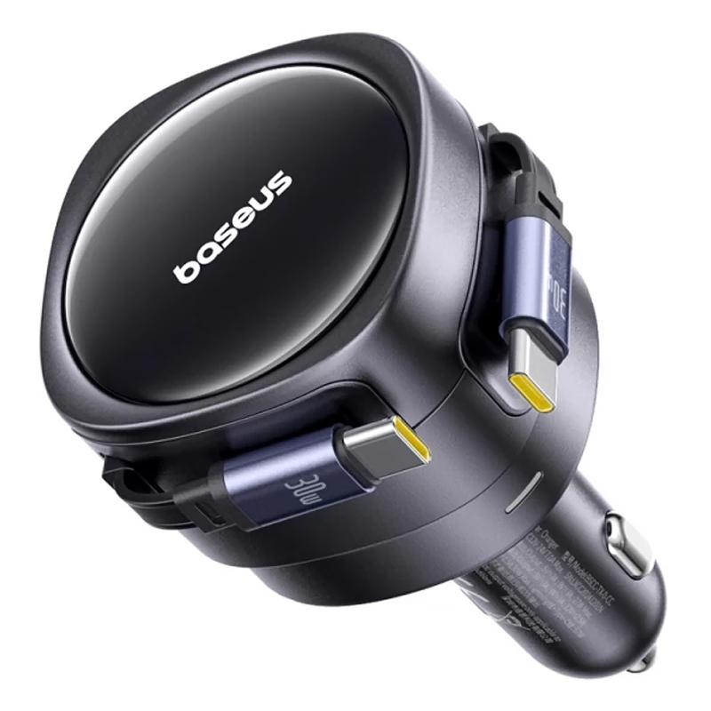 Автомобільний зарядний пристрій Baseus Enjoyment Max PD 60W with retractable cable (2×USB-C) (C00035507121) Cosmic Black