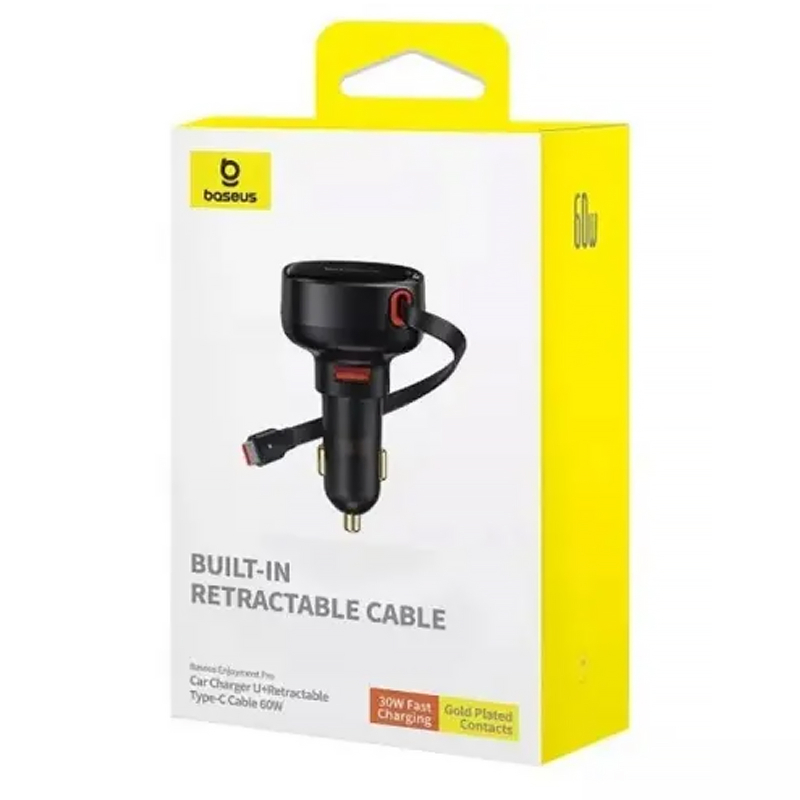 Автомобільний зарядний пристрій Baseus Enjoyment Pro PD 60W with retractable cables (1×USB-A / 1×USB-C/1L) (C00057802111) Cluster Black