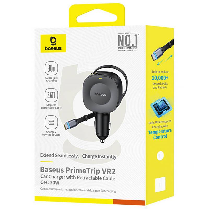 Автомобільний зарядний пристрій Baseus PrimeTrip VR2 30W with retractable cable (2×USB-C) (C0206401) Cosmic Black