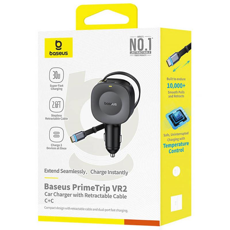 Автомобільний зарядний пристрій Baseus PrimeTrip VR2 45W with retractable cable (2×USB-C) (C02069) Cosmic Black