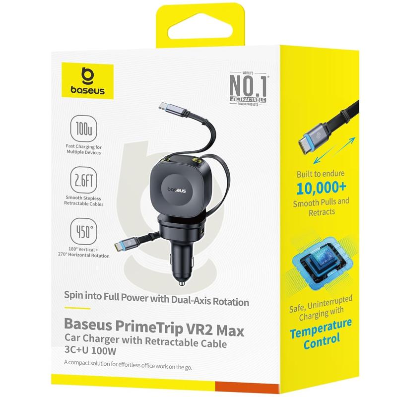 Автомобільний зарядний пристрій Baseus PrimeTrip VR2 Max PD 100W + QC 3.0 with retractable cable (1×USB-A / 3×USB-C) (C02066) Cosmic Black