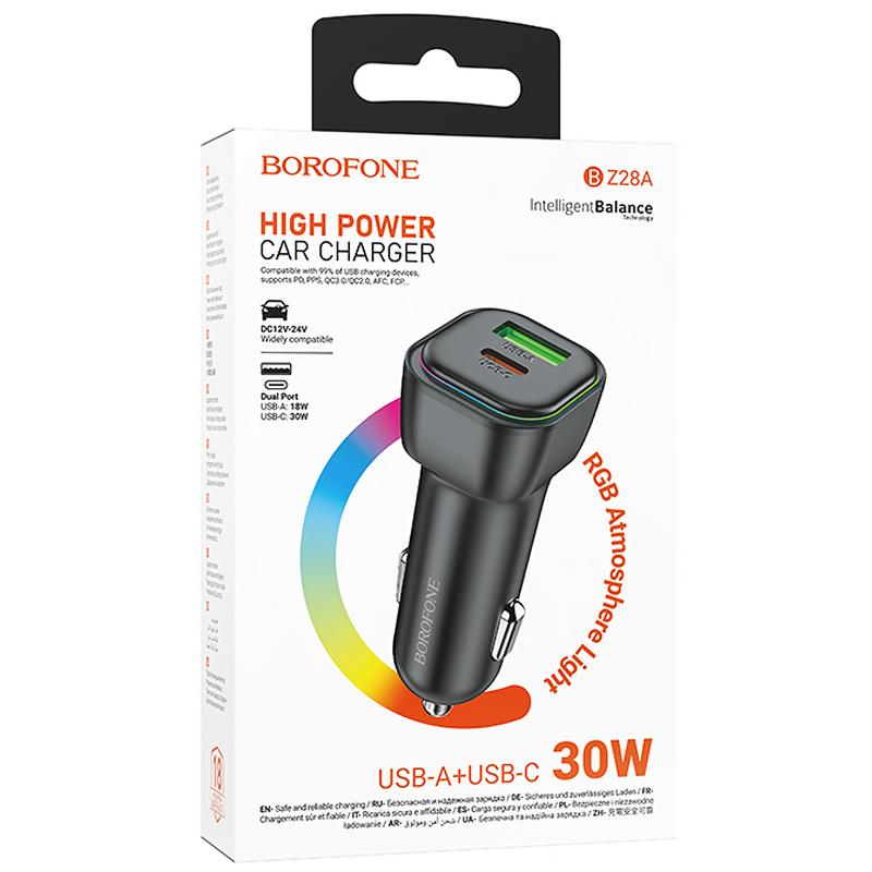 Автомобільний зарядний пристрій Borofone BZ28A Trophie PD 30W + QC 3.0 (1×USB-A / 1×USB-C) Black