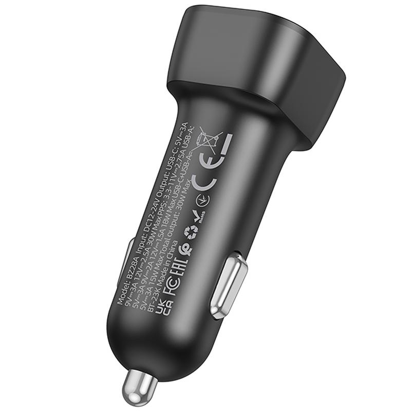 Автомобільний зарядний пристрій Borofone BZ28A Trophie PD 30W + QC 3.0 (1×USB-A / 1×USB-C) Black