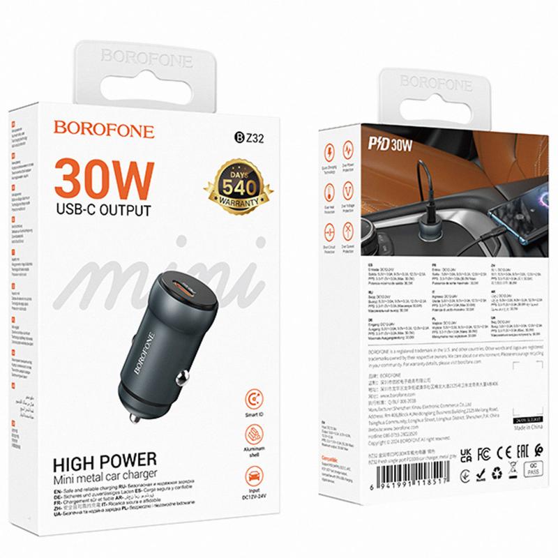 Автомобільний зарядний пристрій Borofone BZ32 Fresh PD 30W (1×USB-C) Metal gray