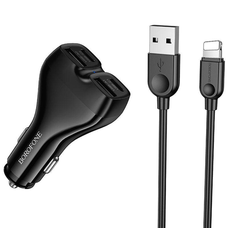 Автомобільний зарядний пристрій Borofone BZ35 Leader PD 15W + QC 3.0 total 30W (2×USB-A / 2×USB-C) + кабель USB to Lightning Black