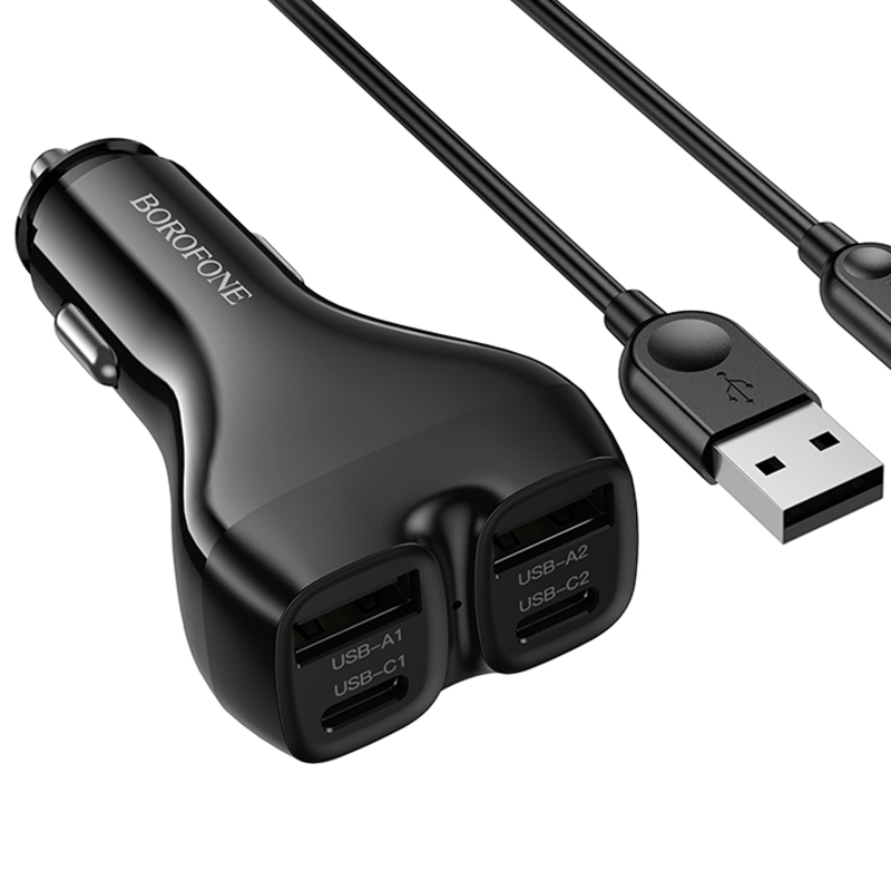 Автомобільний зарядний пристрій Borofone BZ35 Leader PD 15W + QC 3.0 total 30W (2×USB-A / 2×USB-C) + кабель USB to Lightning Black