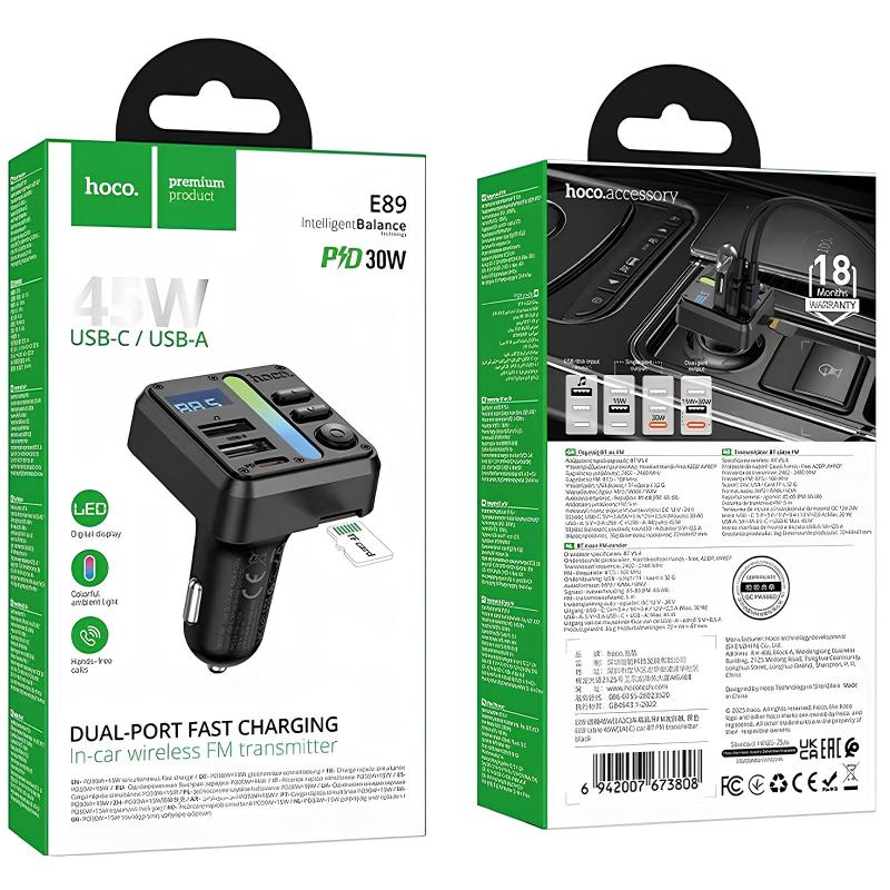 Автомобільний зарядний пристрій FM модулятор Hoco E89 Libre PD 30W + QC 3.0 total 45W (1×USB-A / 1×USB-C) Black
