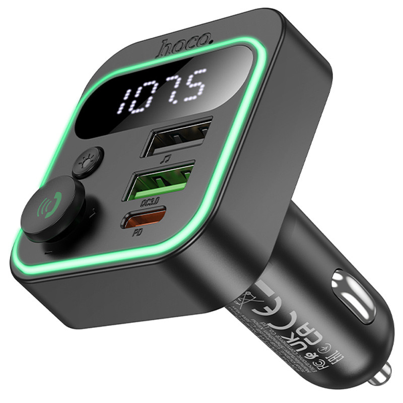 Автомобільний зарядний пристрій FM модулятор Hoco E85 Tiger PD 20W + QC 3.0 (2×USB-A / 1×USB-C) Black