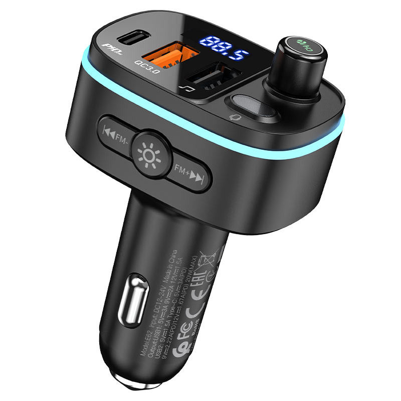 Автомобільний зарядний пристрій FM модулятор Hoco E62 PD 20W + QC 3.0 (2×USB-A / 1×USB-C) Чорний