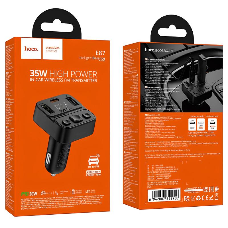 Автомобільний зарядний пристрій FM модулятор Hoco E87 Delta 35W (1×USB-A / 1×USB-C) Black