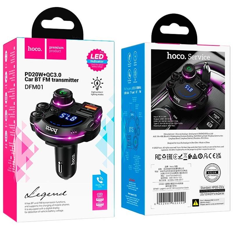 Автомобільний зарядний пристрій FM модулятор Hoco DFM01 Legend 20W + QC 3.0 (2×USB-A / 1×USB-C) Black