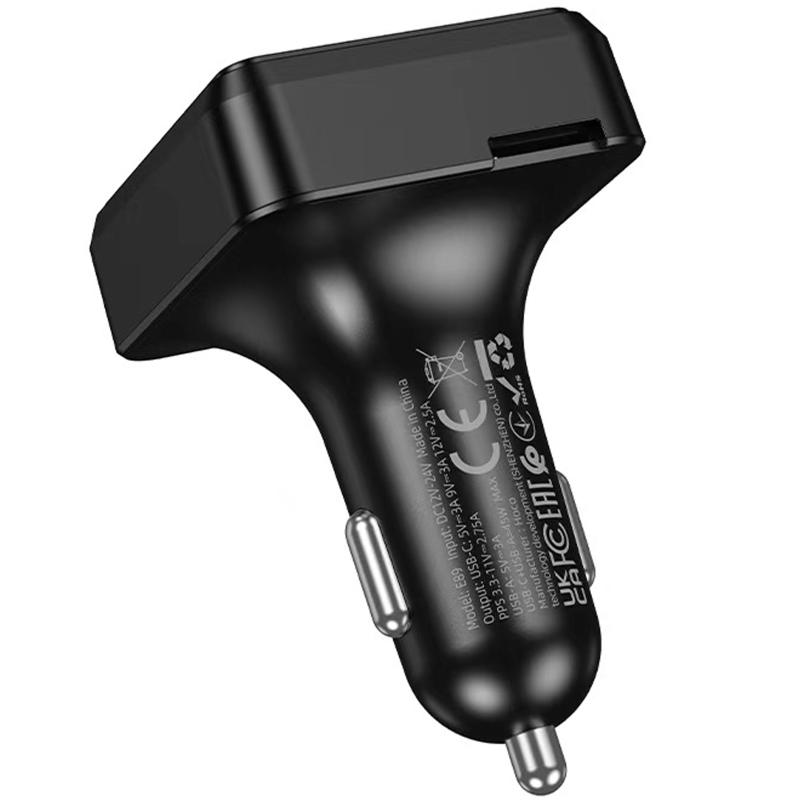 Автомобільний зарядний пристрій FM модулятор Hoco E89 Libre PD 30W + QC 3.0 total 45W (1×USB-A / 1×USB-C) Black